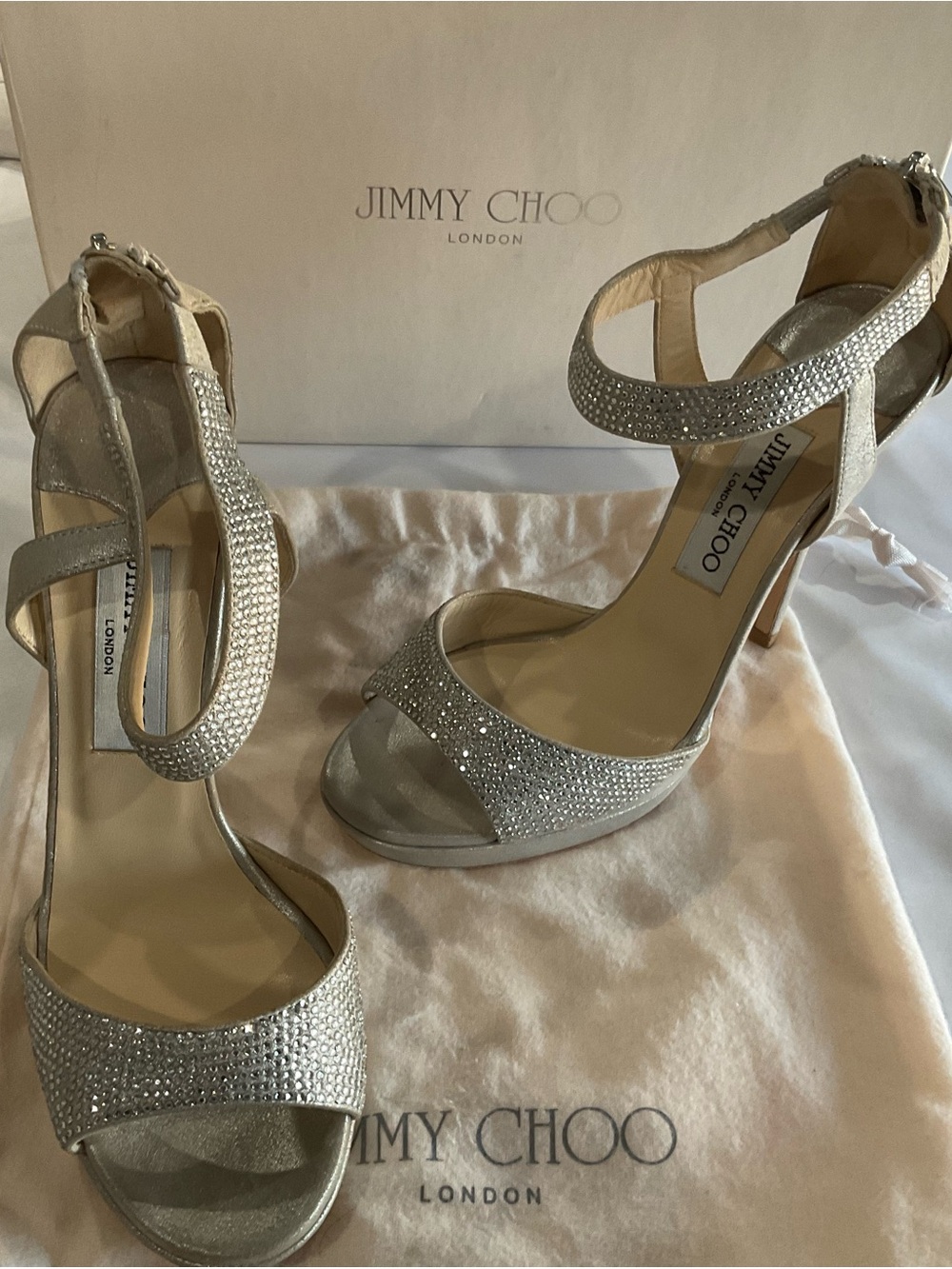 Jimmy Choo Silver Crystal Open-Toe Ankle-Strap Heels